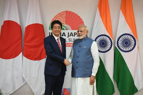 Shinzo Abe (left), who arrived in Gujarat’s commercial capital Ahmedabad on Wednesday, is in India for the 12th India-Japan annual summit, along with PM Narendra Modi. Photo: AFP