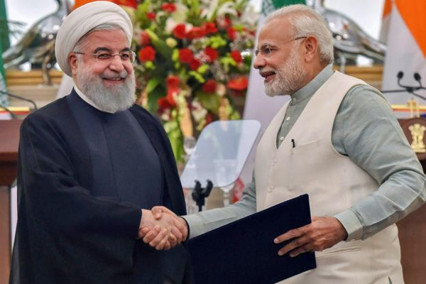 Prime Minister Narendra Modi with Iranian President Hassan Rouhani at Hyderabad House in New Delhi