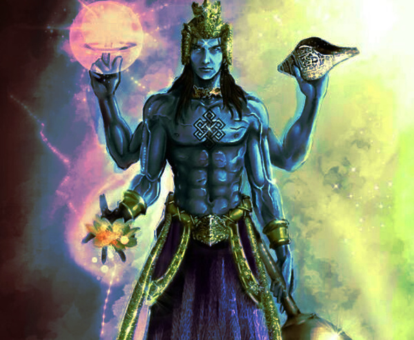 Vishnu, the leader-king, is identified with four symbols: conch-shell trumpet or shankh, discus whirring around his index finger or chakra, a mace or gada and a lotus or padma.