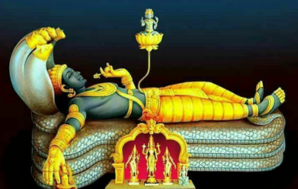 In Hinduism, Lord Vishnu is widely regarded as the Supreme Creator. In religious iconography he is shown reclining on the coils of a gigantic, seven-hooded serpent called Ananta-Sesha, in the middle of the cosmic milky ocean.