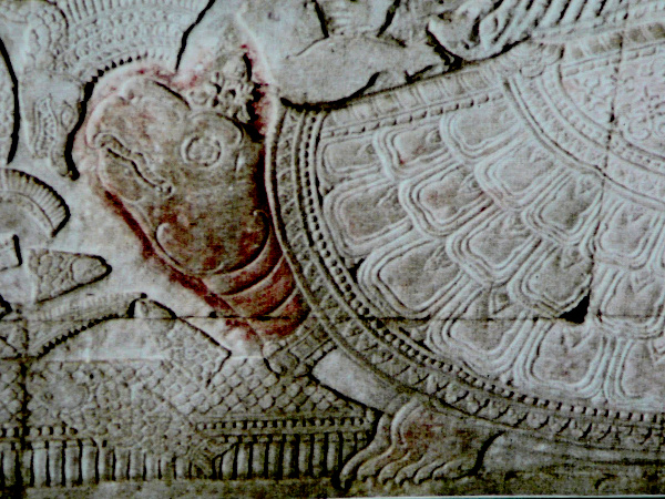 This legend may have been known to the civilizations of Mesoamerica as well, for in the Museum of Anthropology in Mexico City, I saw a carving of a turtle supporting a pillar on its back, looking breathtakingly similar to the depiction of Vishnu as a turtle supporting Mount Meru.