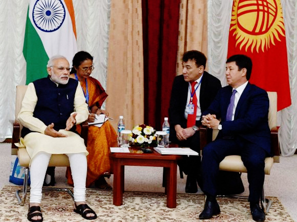 Prime Minister Narendra Modi and his Kyrgyz counterpart Temir Sariyev during a meeting in Bhishkek, Kyrgyzstan