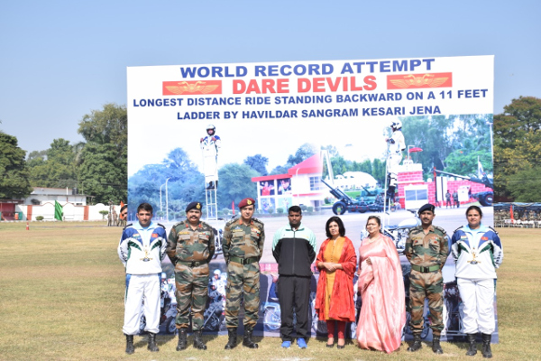 Havildar Sangram Keshari Jena of Jajpur district attached to ”Daredevils” motorcycle display team of Indian Army Corps of Signals made the attempt at Head Quarters 1 Signal Training Centre in Madhya Pradesh’s Jabalpur city