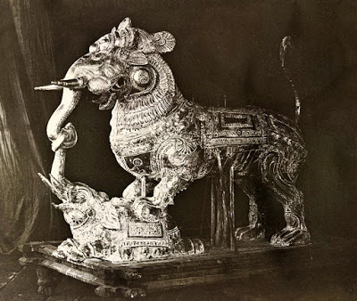 Figure 2: Silver plated Yali vahana, Ranganatha Temple at Srirangam, from the Archaeological Survey of India Collection: Madras, 1896-98. The yali vahana is part of the processional images used at festival times. Source: www.bl.uk/onlinegallery