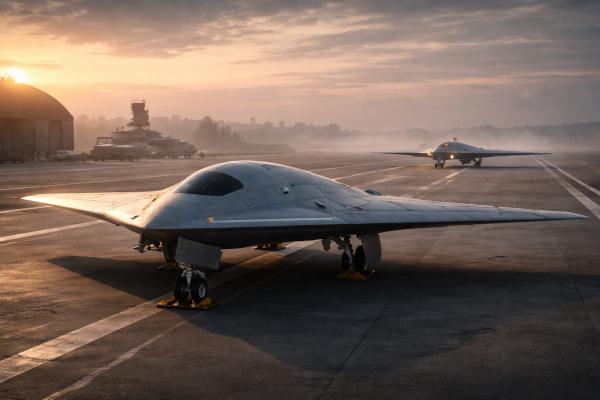 Ghatak UCAVs at dawn on airfield