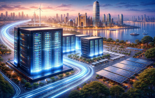 Futuristic Mumbai skyline and data center