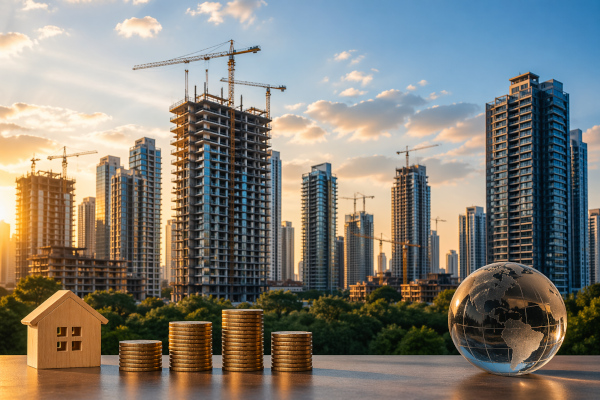 Golden hour skyline and urban growth