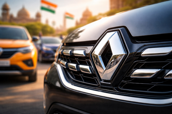 Renault grille with city sunset backdrop