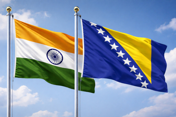 Flags of India and Bosnia in breeze