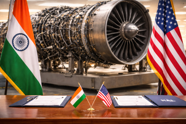 GE F414 engine with flags and agreements