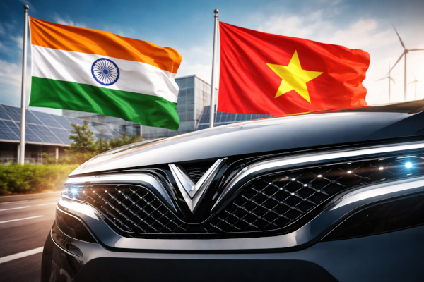 VinFast grille with flags and factory