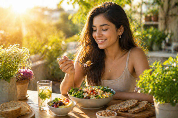 Relaxing outdoor meal in the sun
