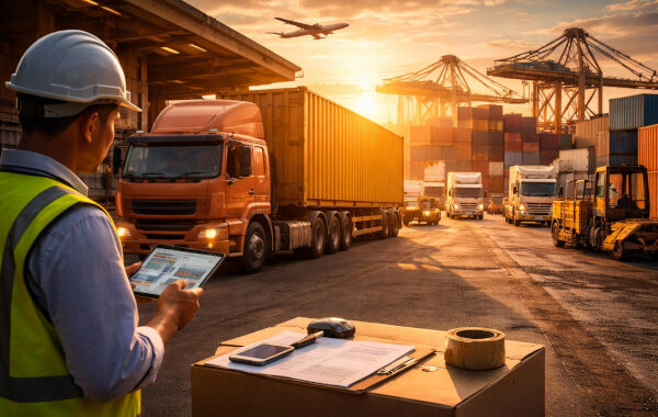 Logistics hub at golden hour