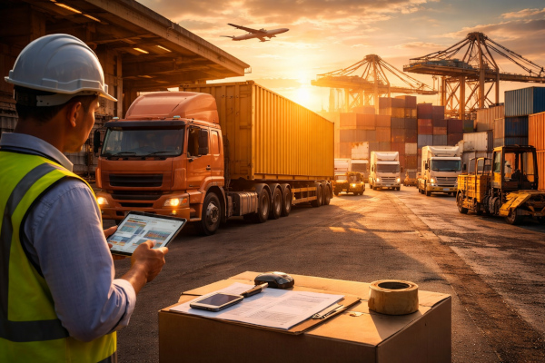 Logistics hub at golden hour