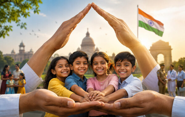 Children under protective hands in India