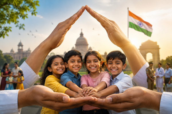 Children under protective hands in India