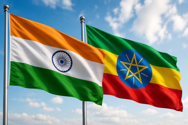 Flags of India and Ethiopia waving