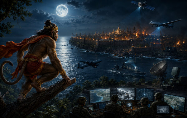 Hanuman-Warrior eyes burning city at night-Dharmakshethra