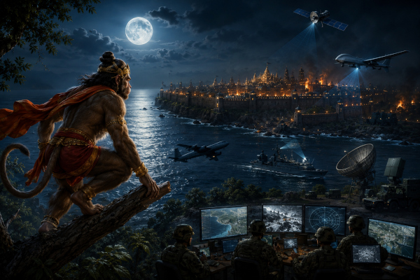 Hanuman-Warrior eyes burning city at night-Dharmakshethra