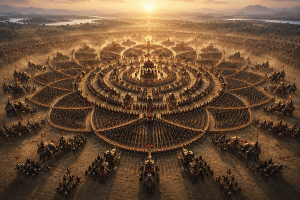 Lotus-shaped ancient army at dawn-Padma Vyuha-Dharmakshethra