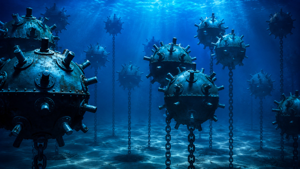 Naval mines in deep blue waters