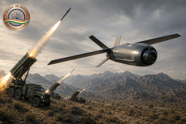 The Rudra barrel-launched loitering munition is an Indian defence system developed by Machfly Aerospace, an Indian aerospace start-up associated with IIT Jammu. According to Machfly’s own description, Rudra is designed as a barrel-launched loitering munition that can be deployed from Pinaka and other multi-barrel launch systems, giving artillery units a new precision-strike option beyond conventional rockets.