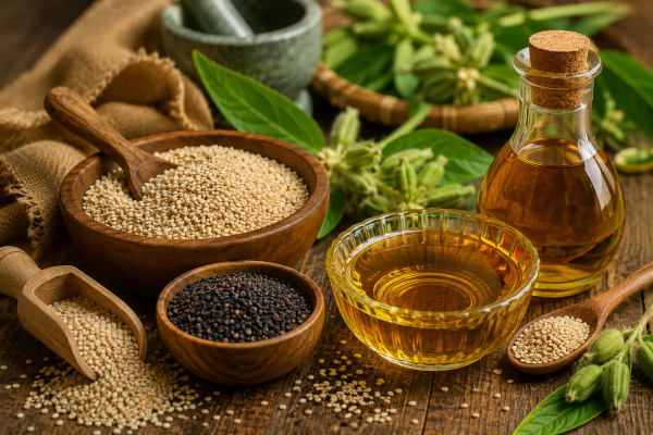 Rustic sesame seeds and oil still-life