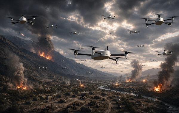 Drone swarm over a warzone valley