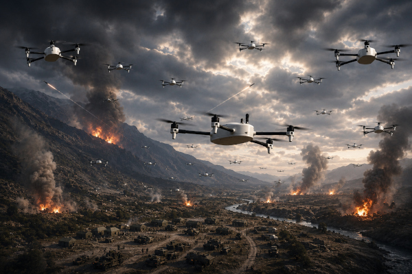 Drone swarm over a warzone valley