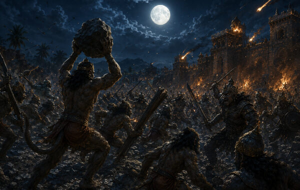 Moonlit siege under a fiery sky-