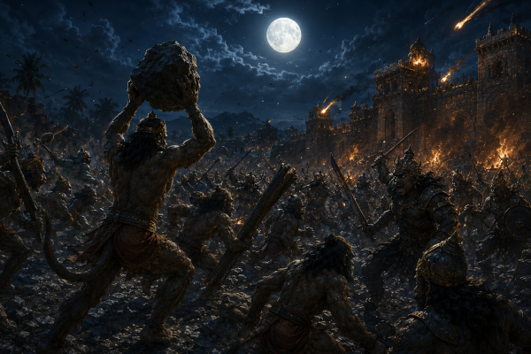 Moonlit siege under a fiery sky-
