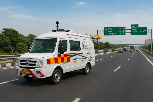 Survey van on busy highway scene