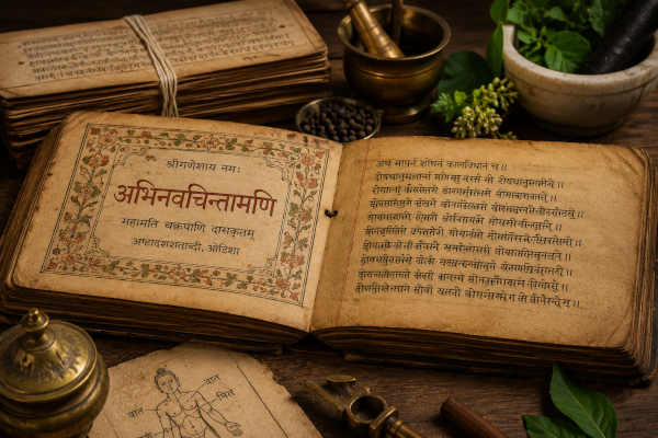 Ayurvedic manuscript and herbal tools
