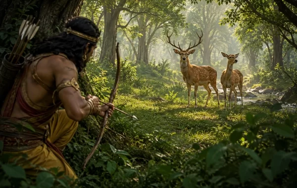 King Pandu of Hastinapura was a warrior by temperament and training. He belonged to the illustrious Kuru dynasty and had earned renown through military campaigns that strengthened the authority of his kingdom. Yet away from courts, assemblies and royal obligations, Pandu also delighted in the ancient Kshatriya pursuit of hunting.
