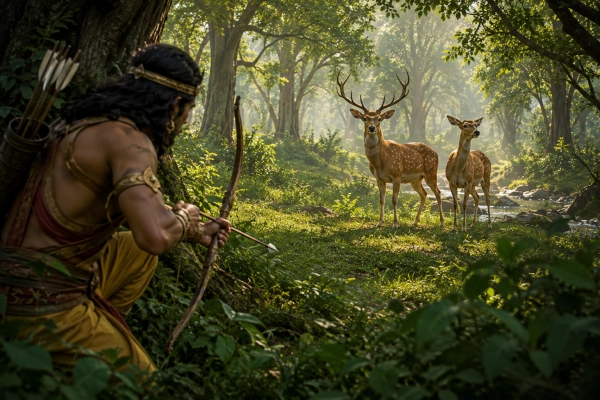 King Pandu of Hastinapura was a warrior by temperament and training. He belonged to the illustrious Kuru dynasty and had earned renown through military campaigns that strengthened the authority of his kingdom. Yet away from courts, assemblies and royal obligations, Pandu also delighted in the ancient Kshatriya pursuit of hunting.