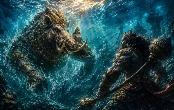 Varaha and Hiranyaksha beneath the primordial waters