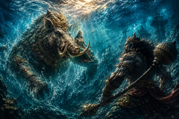 Varaha and Hiranyaksha beneath the primordial waters
